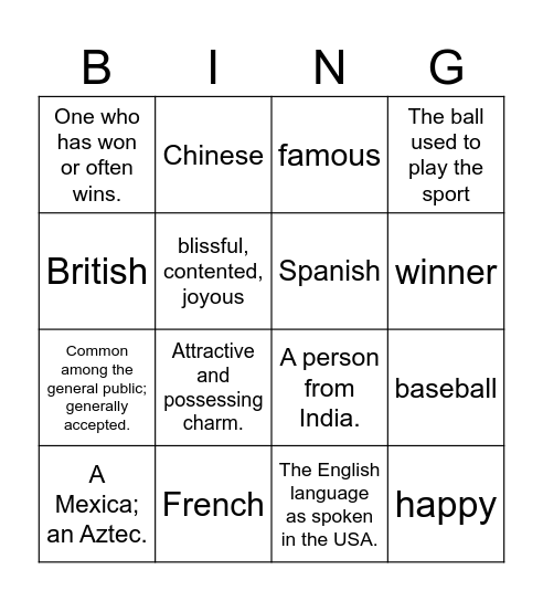 Vocabulary Bingo Card