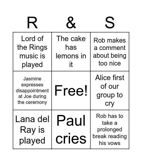 Hamletti wedding bingo Card