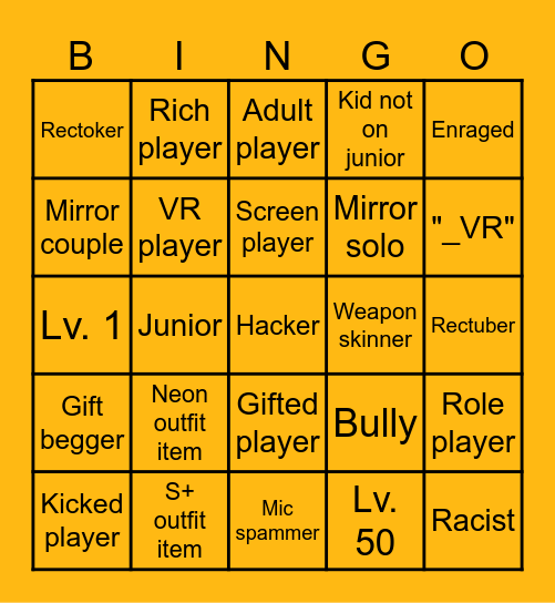 Rec Room Stareotype Bingo Card