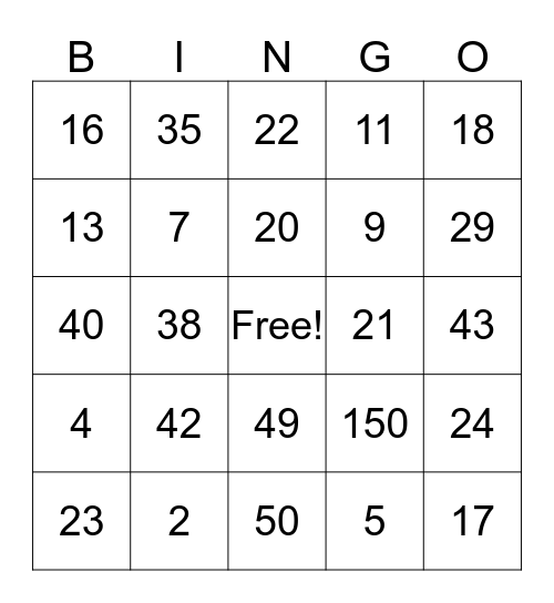 Number Bingo Card