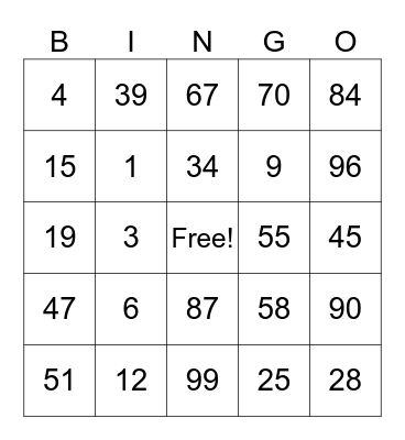 The number Bingo Card