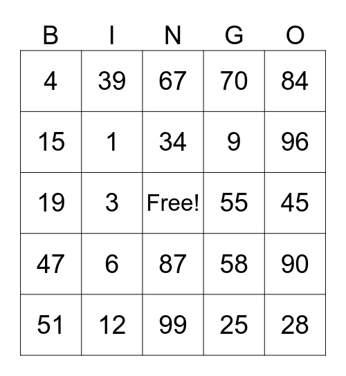 The number Bingo Card