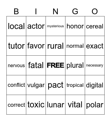 Cognates 1-5 Bingo Card