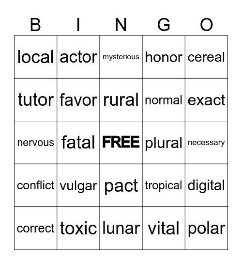 Cognates 1-5 Bingo Card