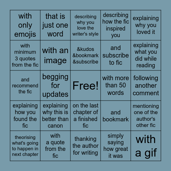 Leave a comment... Bingo Card