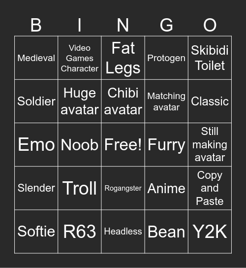 Catalog Avatar Creator Bingo Card