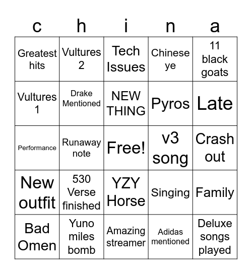 china Bingo Card