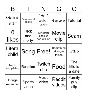 YouTube shorts Bingo Card