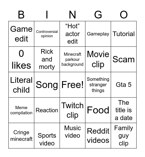 YouTube shorts Bingo Card