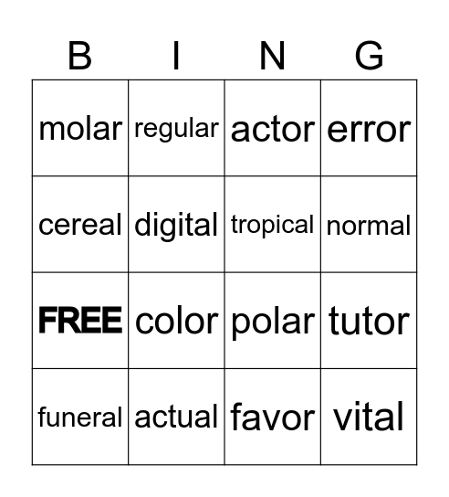 Perfect Cognates Bingo Card