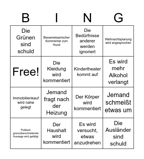 Familien Bingo Card