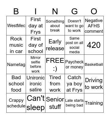 Johnathons Snapchat Stories 7/27/2016 Bingo Card