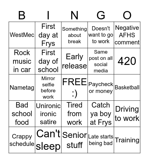 Johnathons Snapchat Stories 7/27/2016 Bingo Card