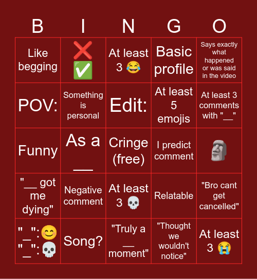 YouTube Shorts Bingo Card