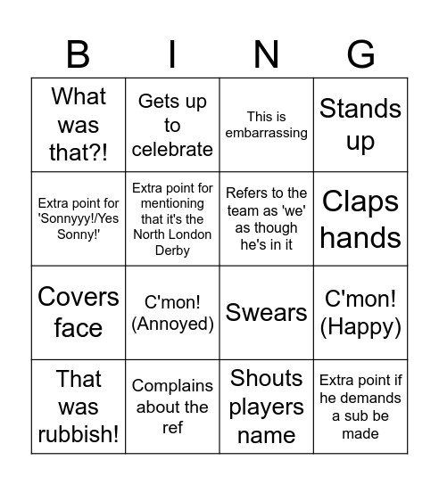 George's Football Bingo Card