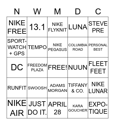 NIKE WOMEN'S MARATHON HALF PARTY Bingo Card