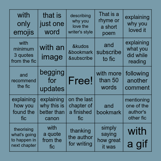 Leave a comment... Bingo Card