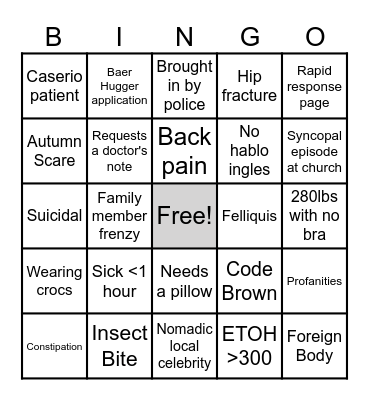Sunday Funday ED Bingo Card