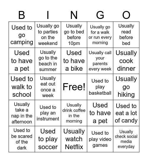 ESL Used to/usually Bingo Card