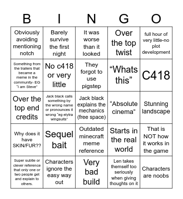 Minecraft Movie Bingo Card