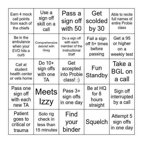 Fall 2024 Probie Bingo Card