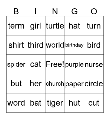 Er, Ir, Ur, *Or + ut, at Bingo Card