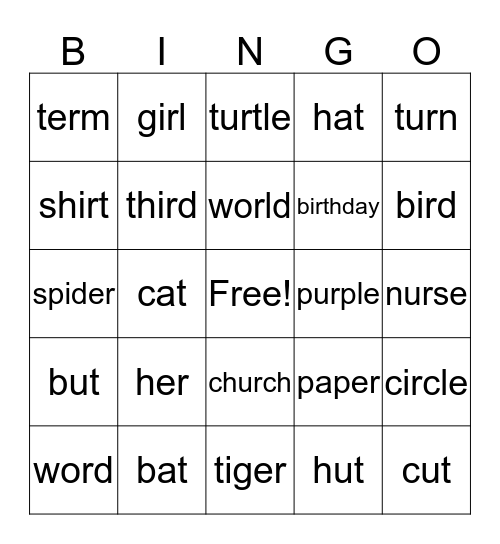 Er, Ir, Ur, *Or + ut, at Bingo Card