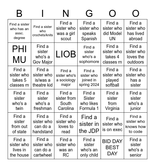 Sisterhood!!!! Bingo Card