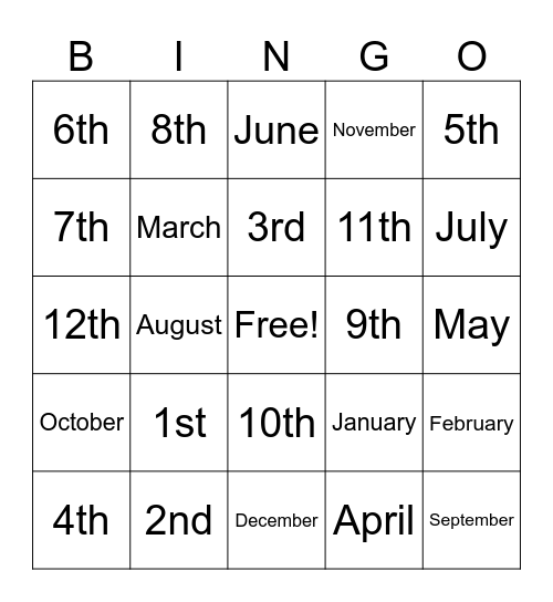 Months Bingo Card