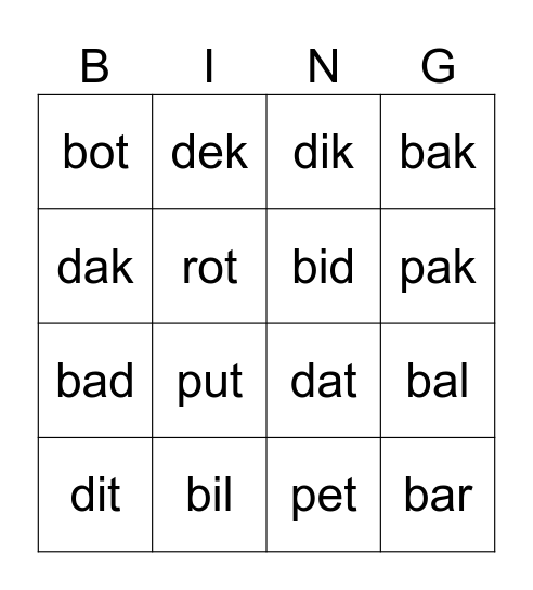 B, P ,D Bingo Card