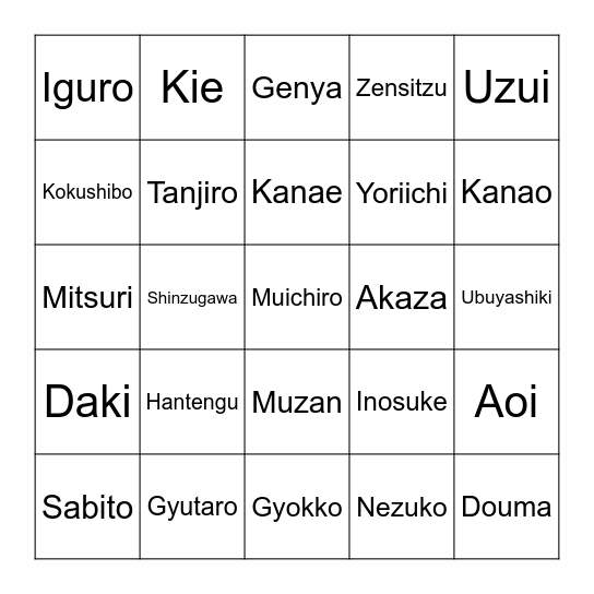 Demon slayer Bingo Card