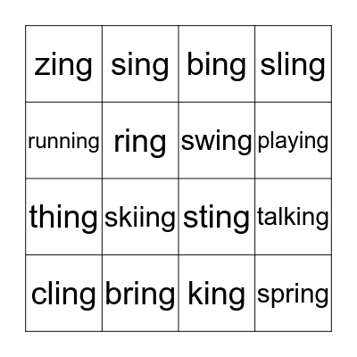 'ING' Words Bingo Card