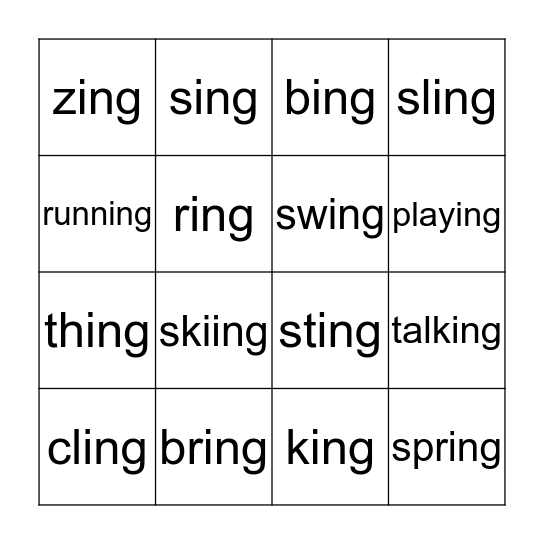 'ING' Words Bingo Card