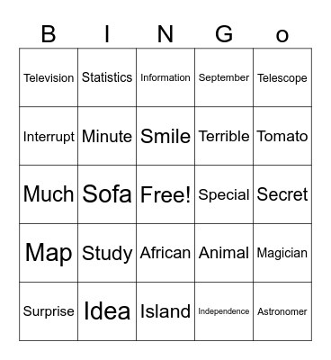 Letter aa Bingo Card