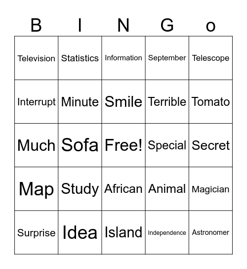 Letter aa Bingo Card