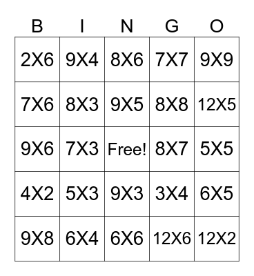 multiplication Bingo Card