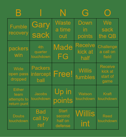 Packers Week 2 Bingo Card