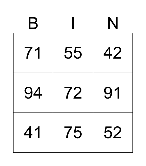 Numbers 20 -100 Bingo Card