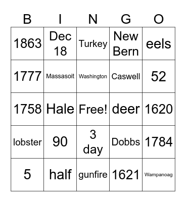 Colonial Thanksgiving Bingo Card