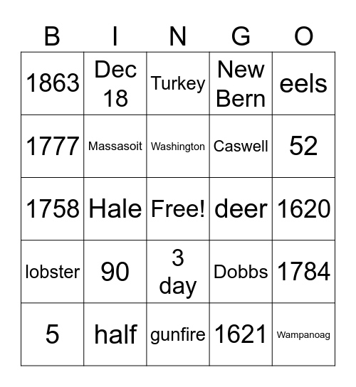 Colonial Thanksgiving Bingo Card