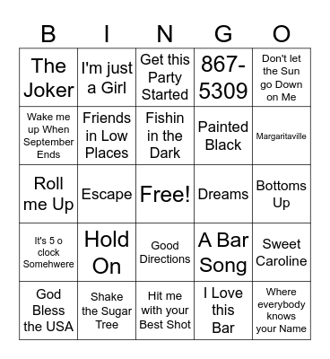 VFW bar songs Bingo Card