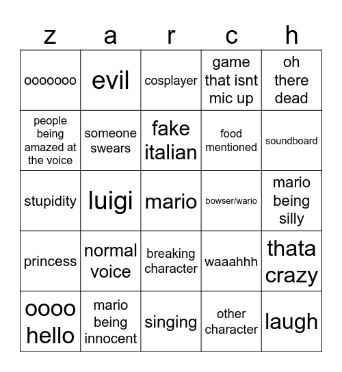 zarch bingo Card
