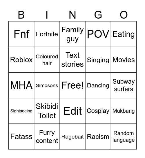 Yt shorts bingo Card