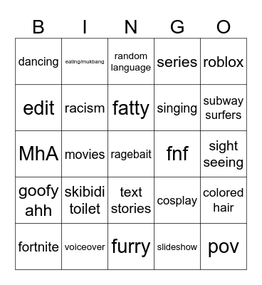 Cringe tiktok Bingo Card