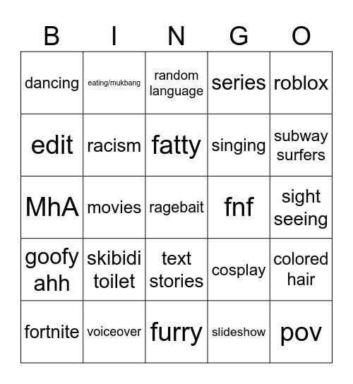 Cringe tiktok Bingo Card