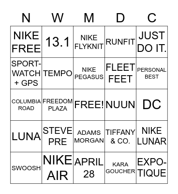 NIKE WOMEN'S MARATHON HALF PARTY Bingo Card