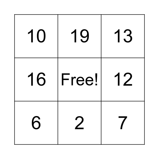 Numbers Bingo Card