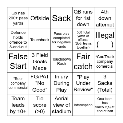 Football Bingo Card
