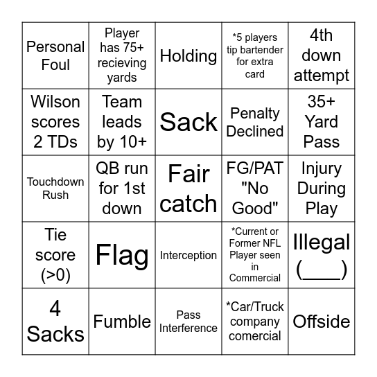 NFL Bingo Card