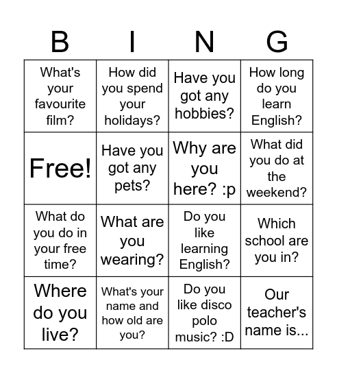 Get to know each other Bingo Card